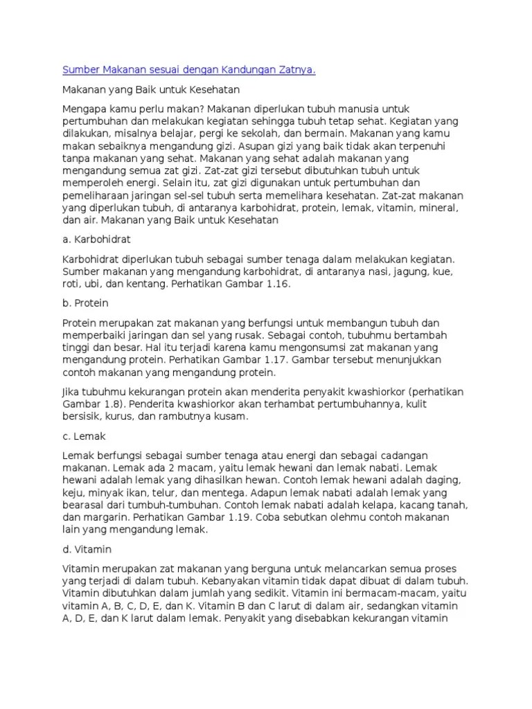 Sumber Makanan Sesuai Dengan Kandungan Zatnya