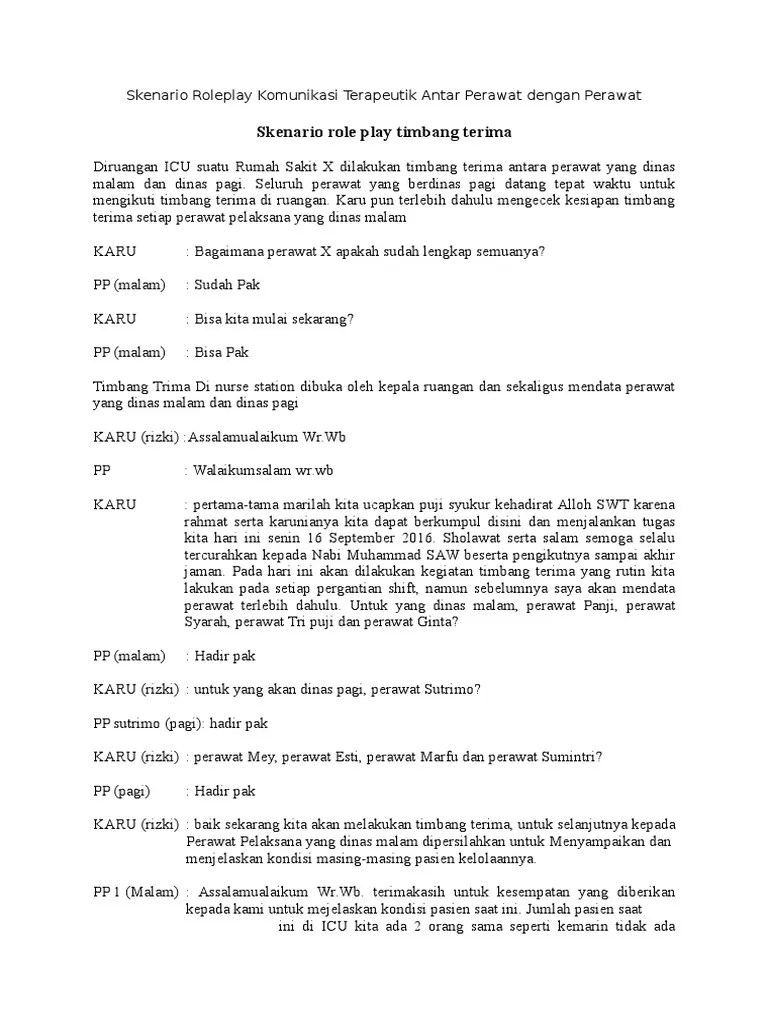 Skenario Roleplay Komunikasi Terapeutik Antar Perawat Dengan Perawat | PDF