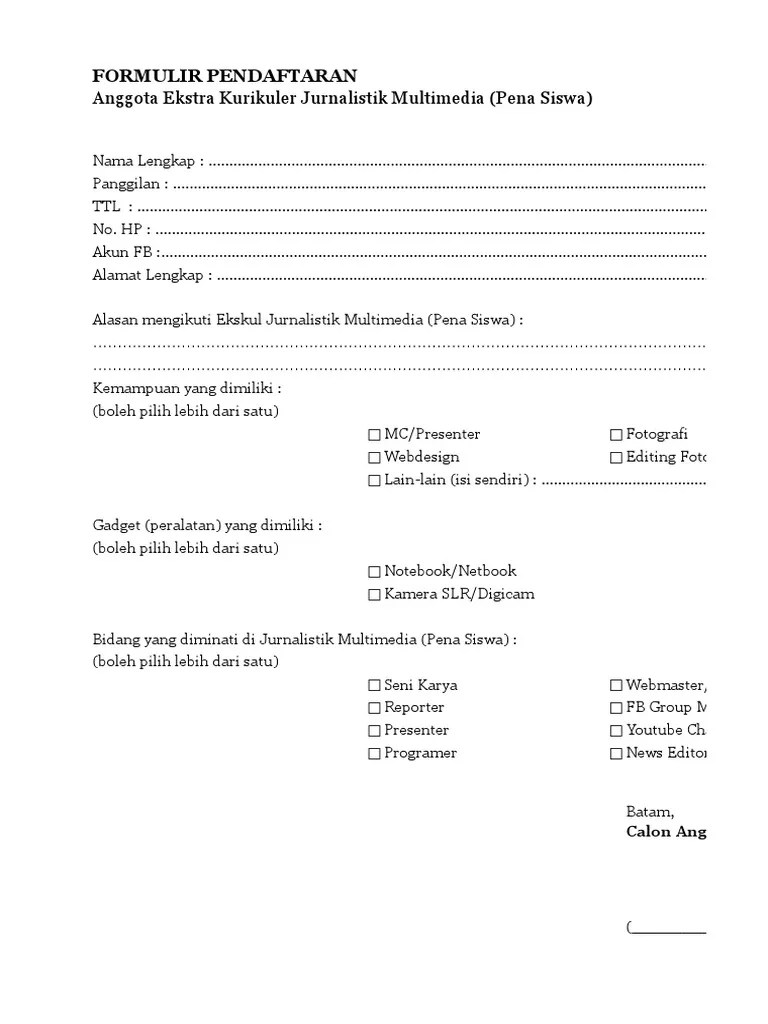 Form Pendaftaran Eskul | PDF