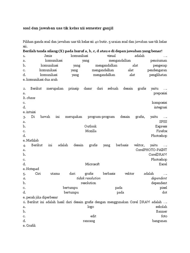 Soal Dan Jawaban Uas Tik Kelas Xii Semester Ganjil | PDF