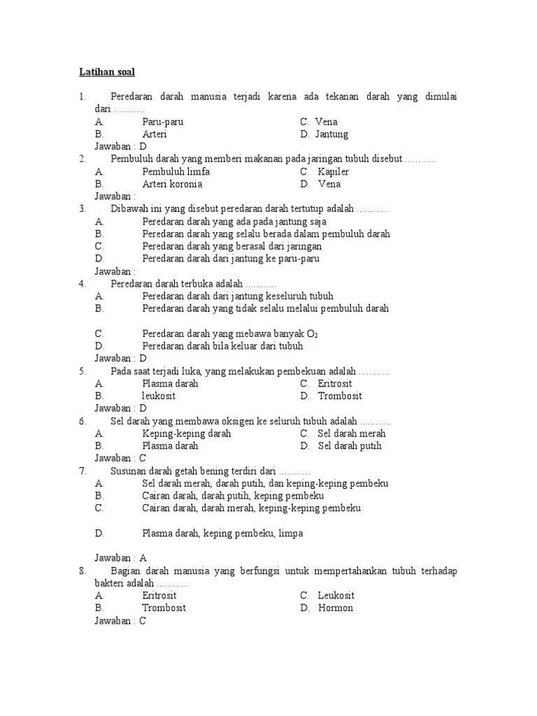 Soal Dan Jawaban Sistem Peredaran Darah Pada Manusia Kelas 8