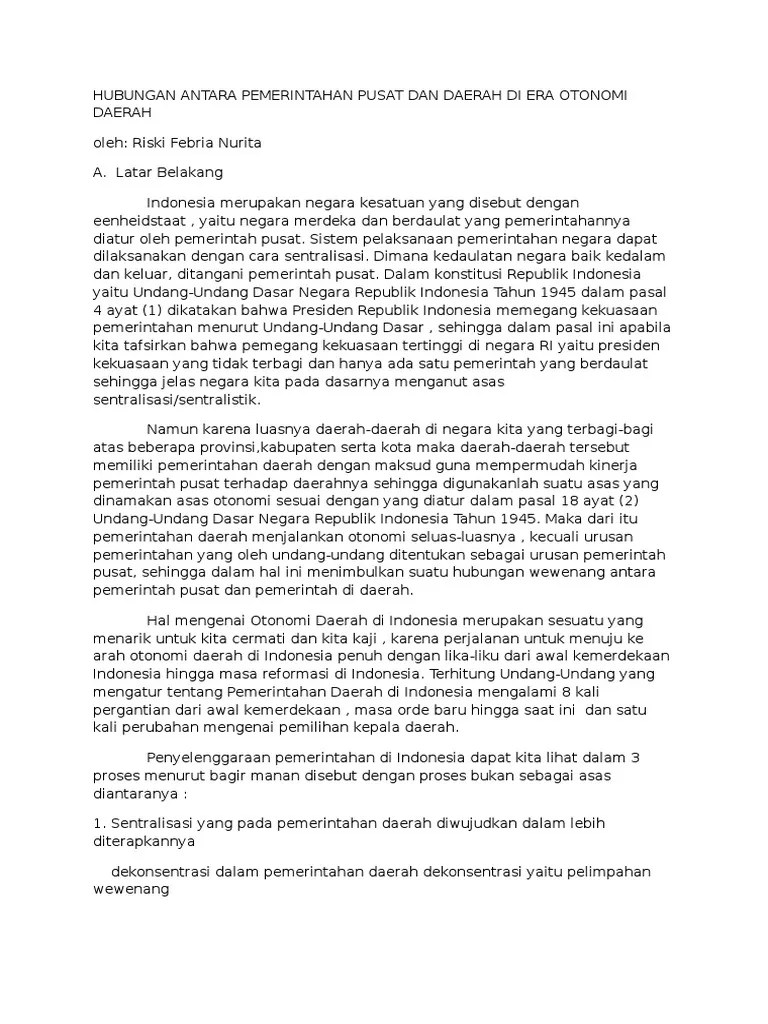 Hubungan Antara Pemerintahan Pusat Dan Daerah Di Era Otonomi Daerah | PDF