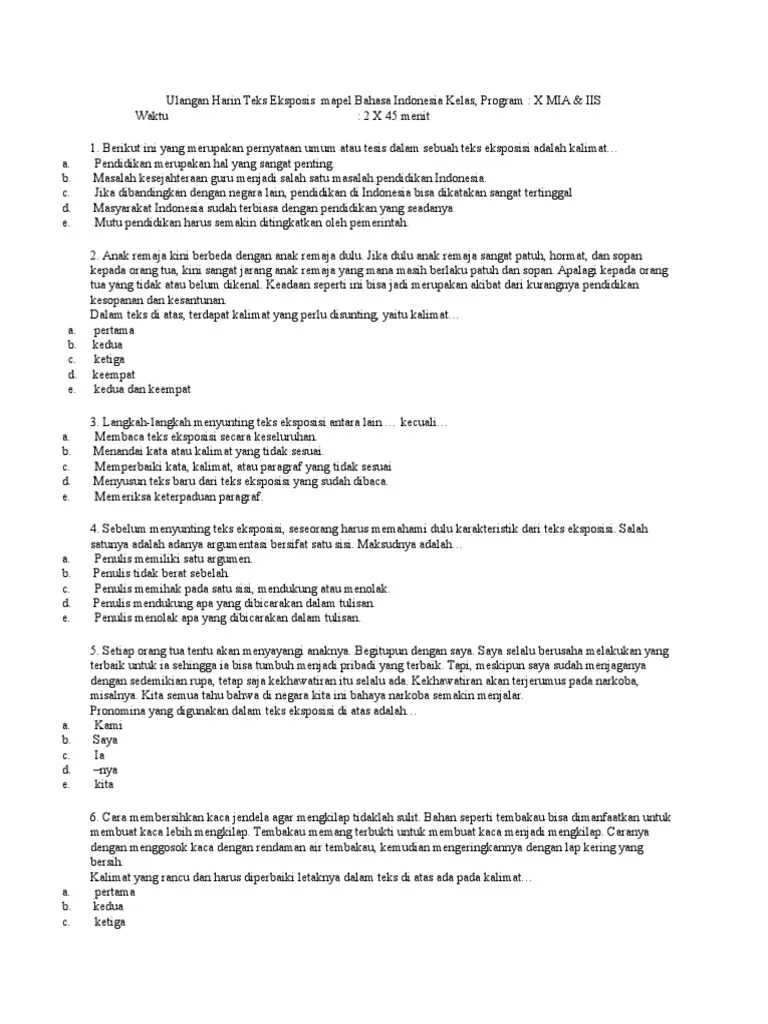 BANK SOAL Teks Eksposis Mapel Bahasa Indonesia Kelas | PDF