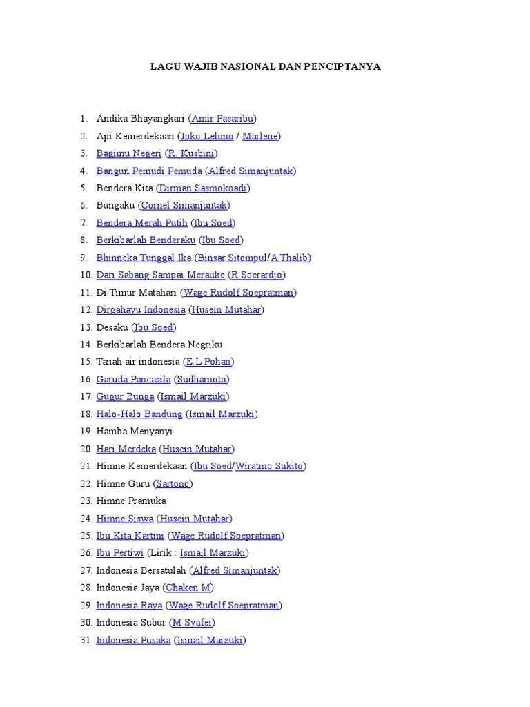 Lagu Wajib Nasional Dan Penciptanya | PDF