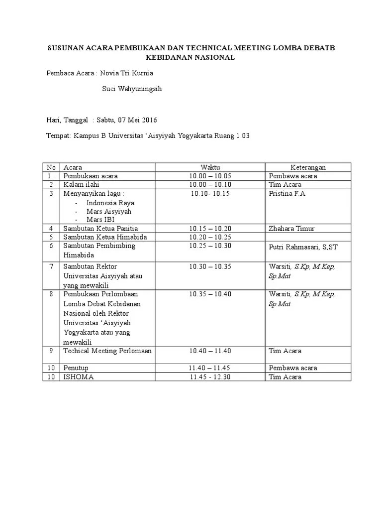 Susunan Acara Pembukaan Dan Technical Meeting Lomba Debatb Kebidanan  Nasional | PDF