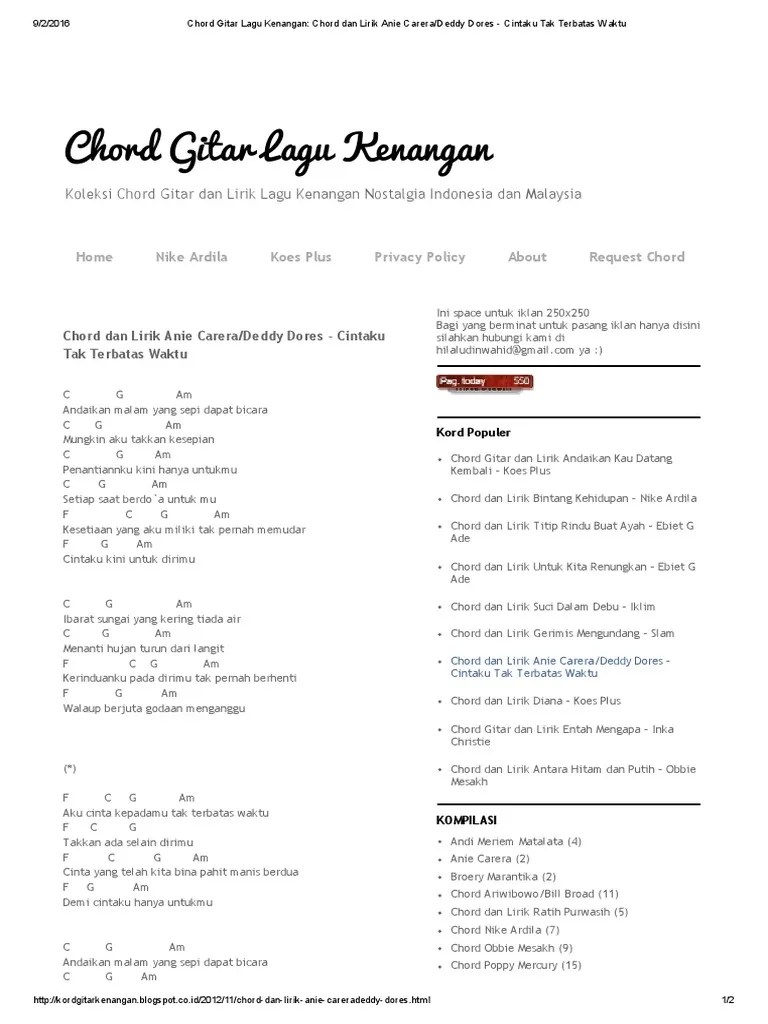 Chord Gitar Lagu Kenangan - Chord Dan Lirik Anie Carera - Deddy Dores -  Cintaku Tak Terbatas Waktu | PDF