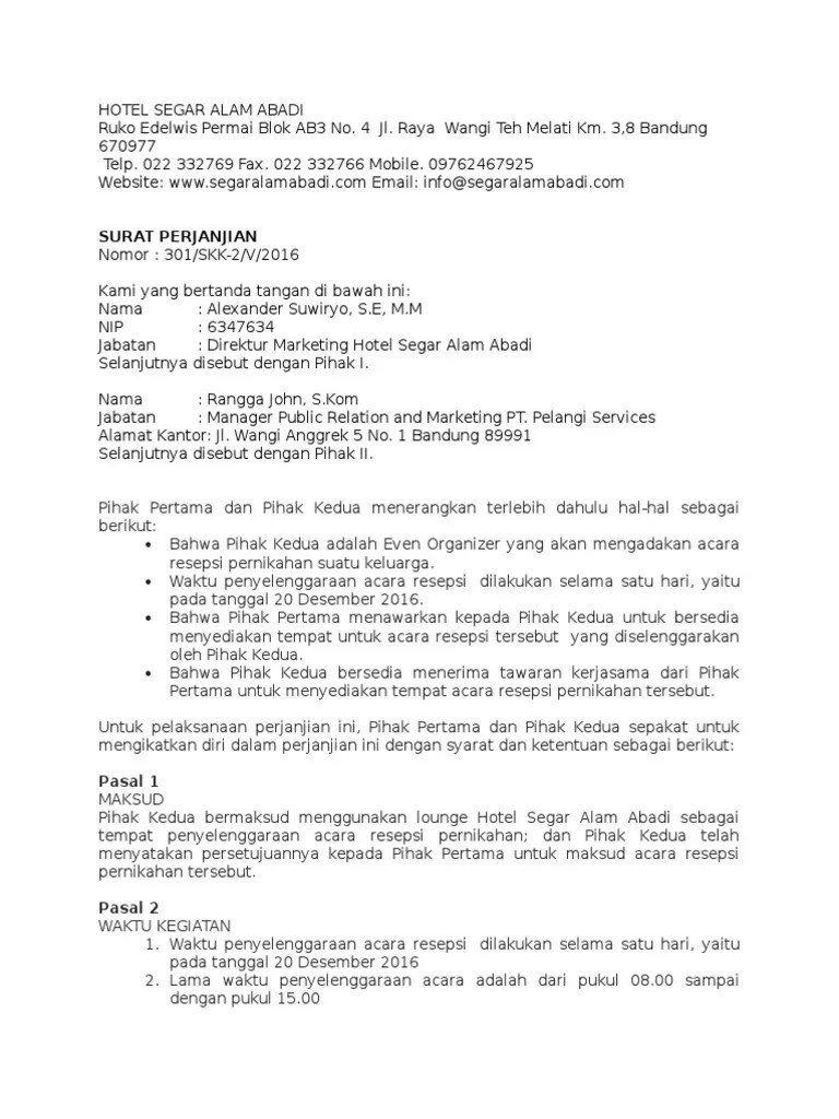 Contoh Surat Perjanjian Kerjasama Hotel Dengan Event Organizer | PDF