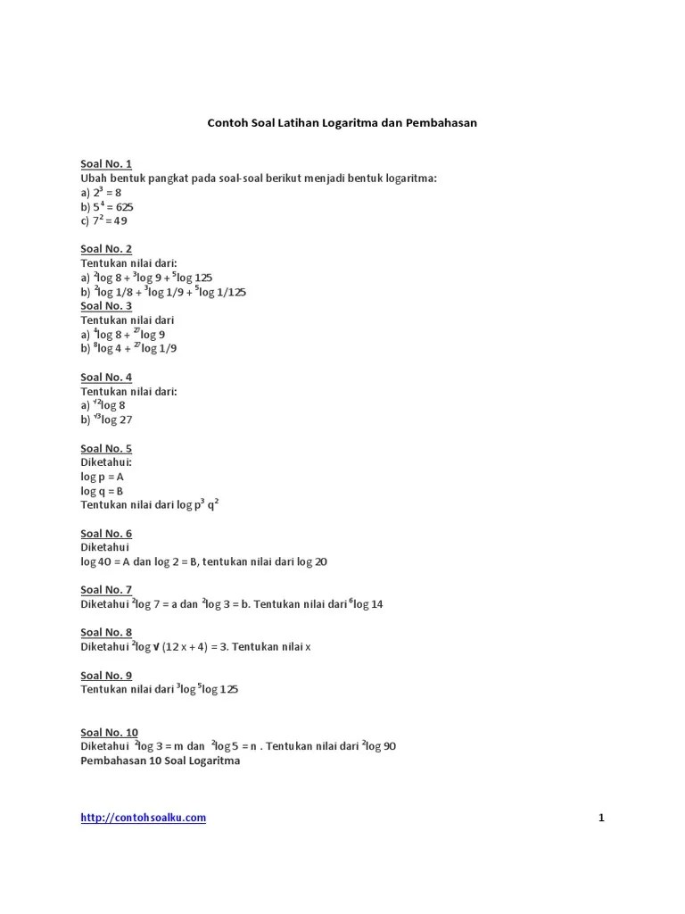 Contoh Soal Latihan Logaritma Dan Pembahasan | PDF