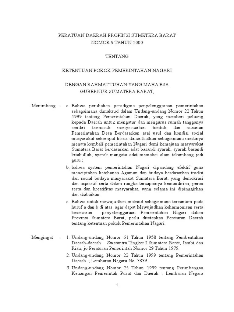 Perda Prov - Sumbar No. 9 Tahun 2000 Tentang Ketentuan Pokok Pemerintahan  Nagari | PDF