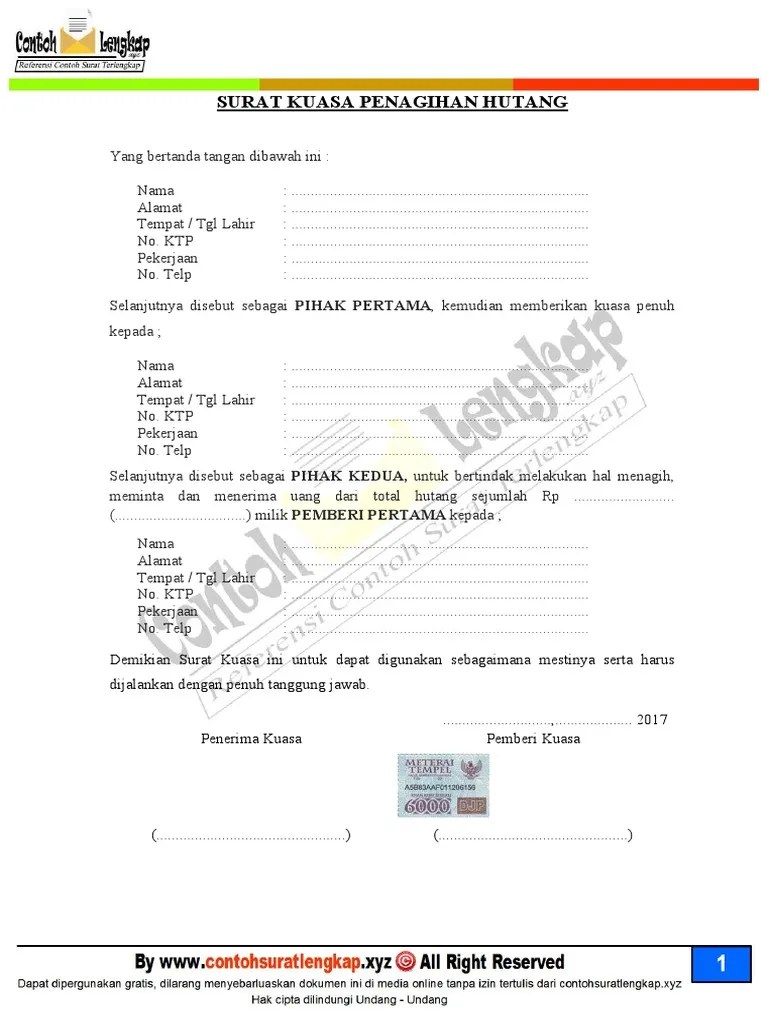 Contoh Format Surat Kuasa Penagihan Hutang - Kumpulan Contoh Surat dan Soal  Terlengkap