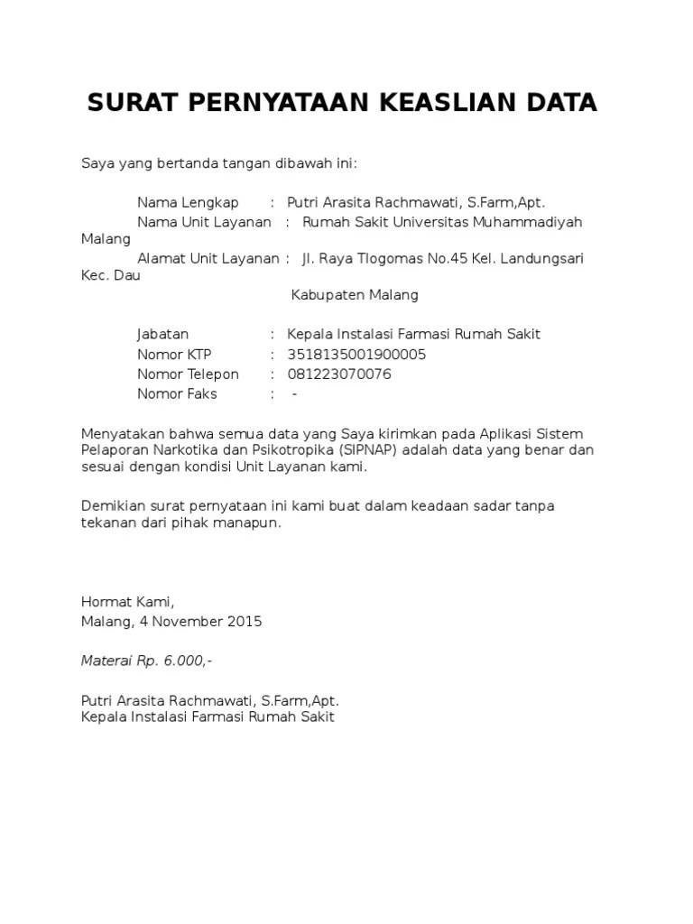 Surat Pernyataan Keaslian Data | PDF