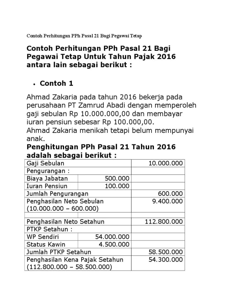 Contoh Perhitungan PPH Pasal 21 Bagi Pegawai Tetap | PDF
