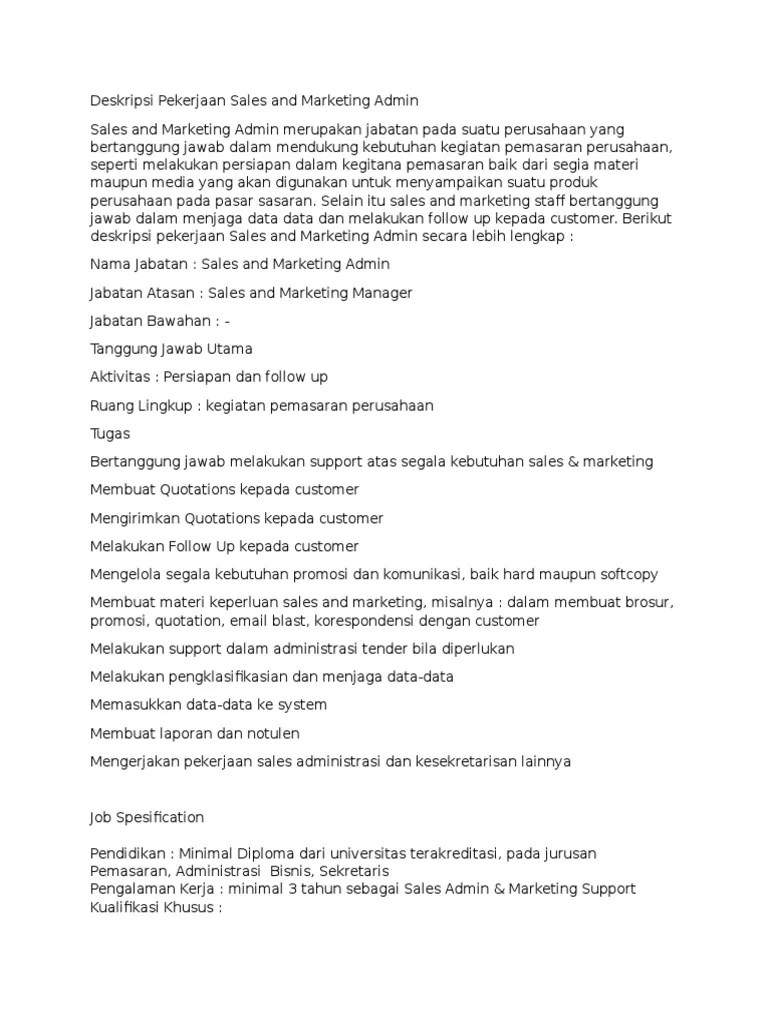 Deskripsi Pekerjaan Sales and Marketing Admin | PDF