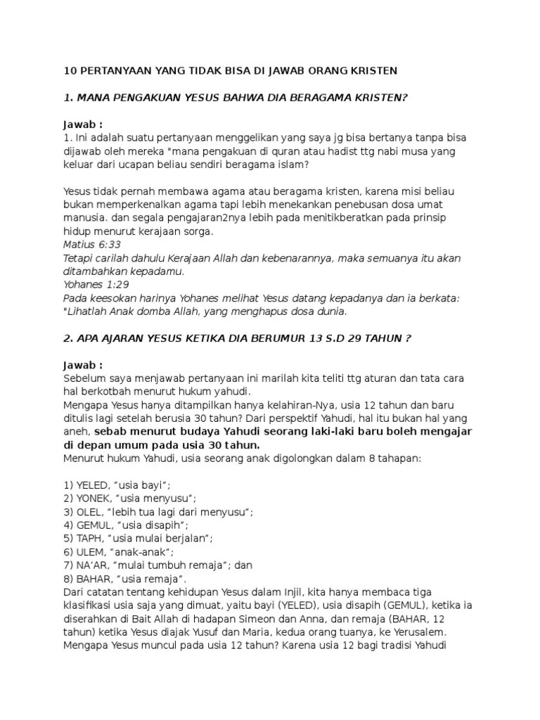 10 Pertanyaan Yang Tidak Bisa Di Jawab Orang Kristen | PDF