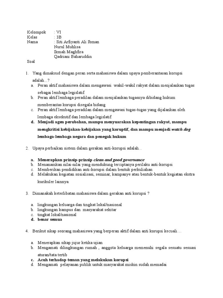 Contoh Soal Pendidikan Anti Korupsi Kelas 10