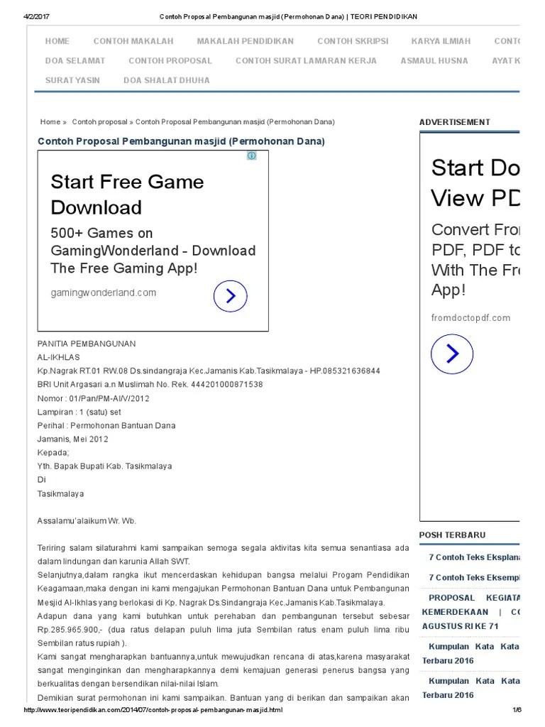Contoh Proposal Pembangunan Masjid (Permohonan Dana) - TEORI PENDIDIKAN |  PDF