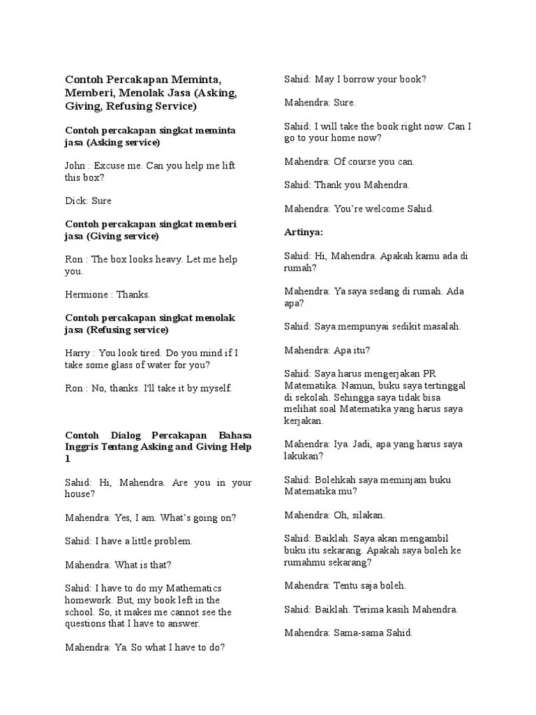 Contoh Percakapan Meminta Dan Menawarkan Bantuan Dalam Bahasa Inggris