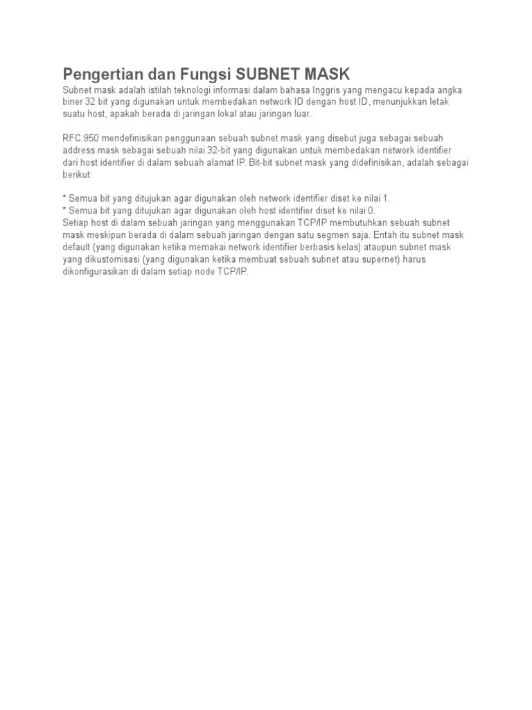 Pengertian Dan Fungsi SUBNET MASK | PDF