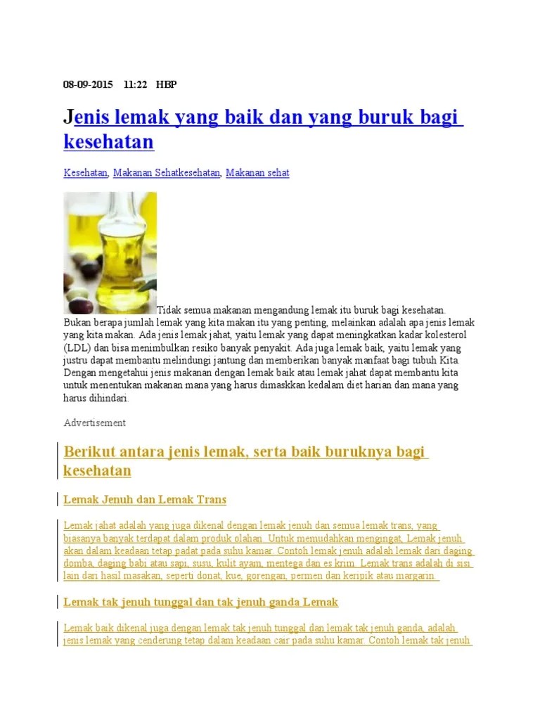 Jenis Lemak Yang Baik Dan Yang Buruk Bagi Kesehatan | PDF