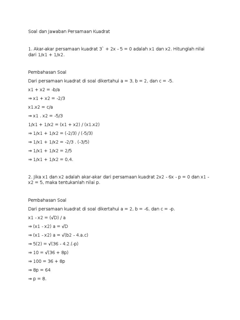 Soal Dan Jawaban Persamaan Kuadrat | PDF