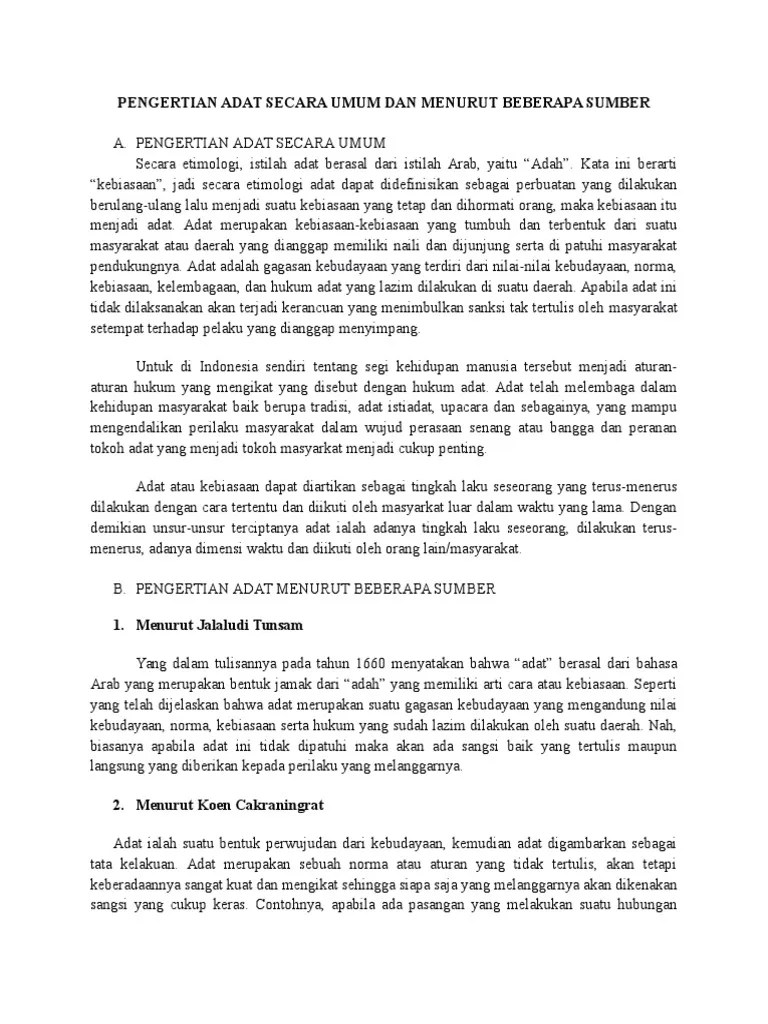 Pengertian Adat Secara Umum Dan Menurut Bebrapa Sumber | PDF