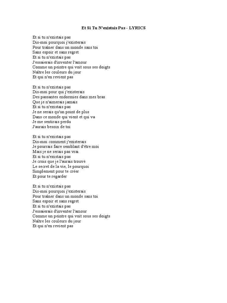 Et Si Tu N&rsquo;Existais Pas - LYRICS | PDF