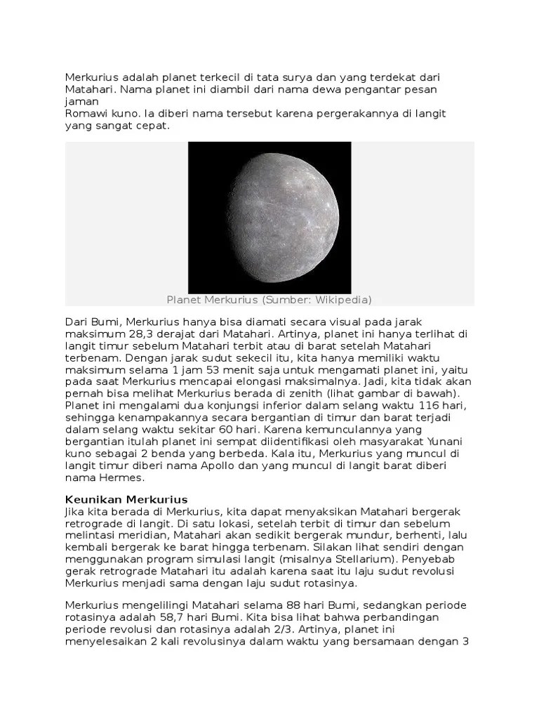 Merkurius Adalah Planet Terkecil Di Tata Surya Dan Yang Terdekat Dari  Matahari | PDF