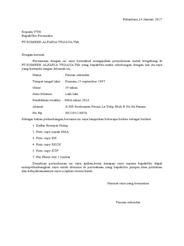 Contoh Surat Lamaran Kerja Pt Sumber Alfaria Trijaya ~ contoh surat lamaran