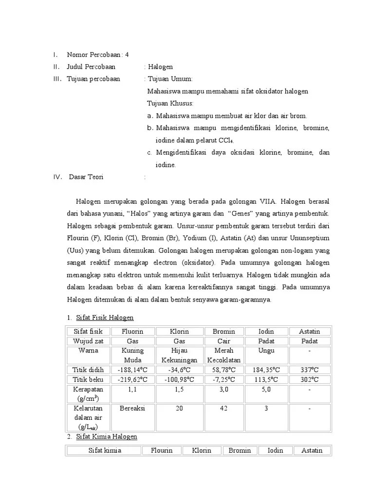 Praktikum Kimia Anorganik 1 LAPORAN HALOGEN | PDF