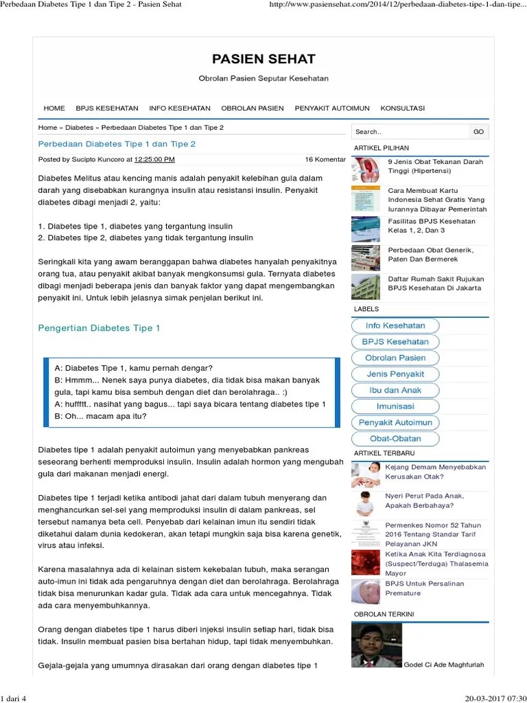 Perbedaan Diabetes Tipe 1 Dan Tipe 2 - Pasien Sehat | PDF