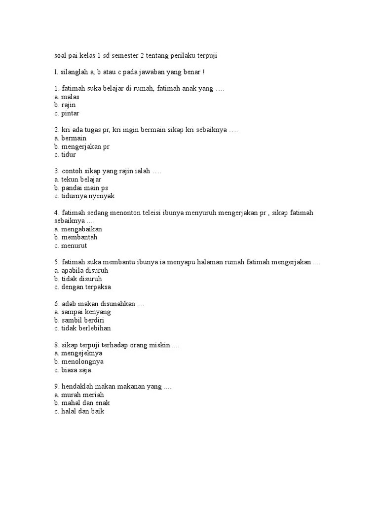 Soal Pai Kelas 1 SD Semester 2 Tentang Perilaku Terpuji | PDF
