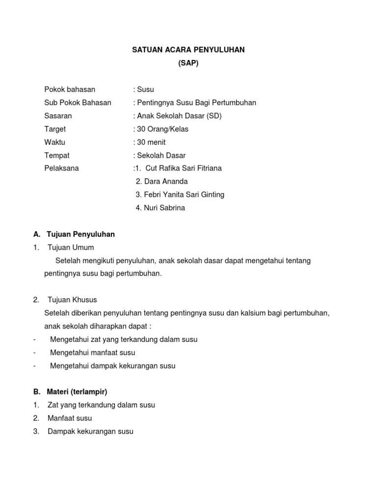 Satuan Acara Penyuluhan Susu Untuk Anak SD | PDF