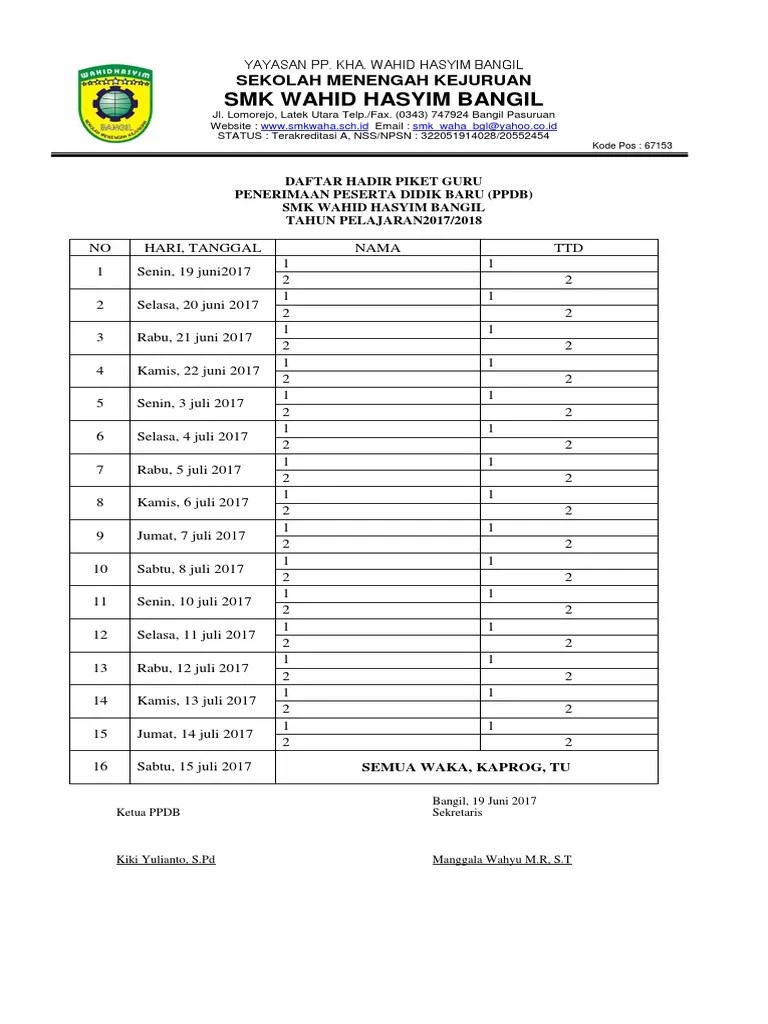 Daftar Hadir Guru Piket PPDB | PDF