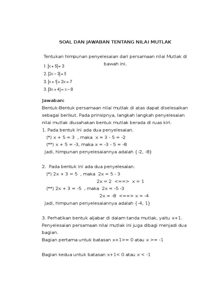 Soal Dan Pembahasan Nilai Mutlak Kelas 10 Pdf