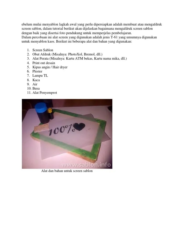 Ebelum Mulai Menyablon Lagkah Awal Yang Perlu Dipersiapkan Adalah Membuat  Atau Mengafdruk Screen Sablon | PDF