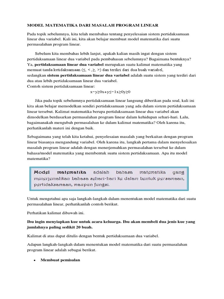 Model Matematika Dari Masalah Program Linear | PDF