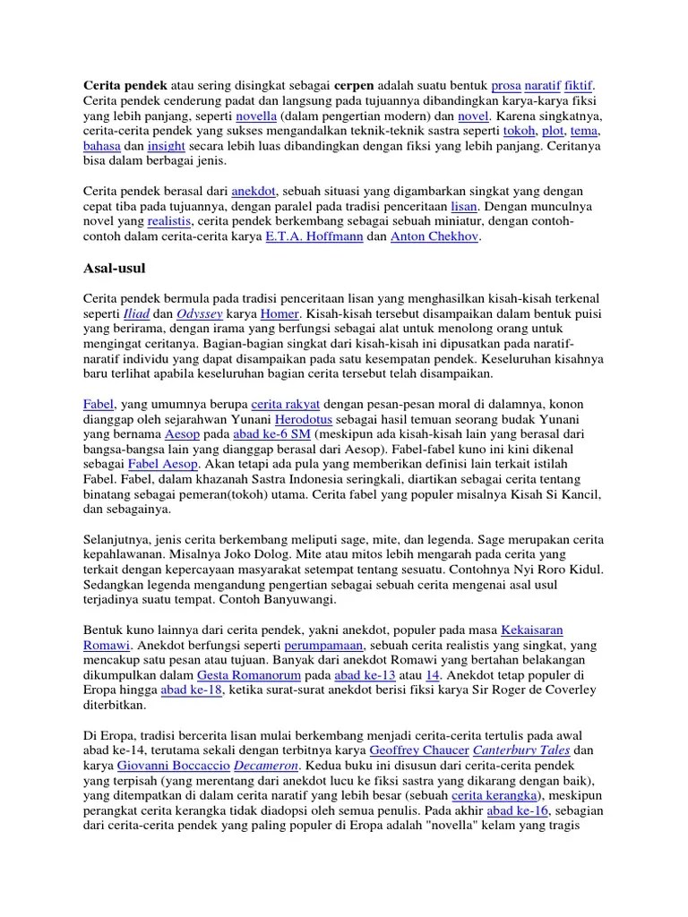 Cerita Pendek Atau Sering Disingkat Sebagai Cerpen Adalah Suatu Bentuk  Prosa Naratif Fiktif | PDF