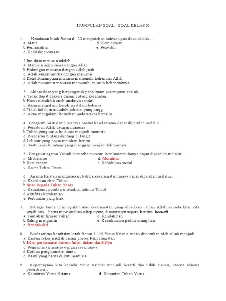 Soal Pendidikan Agama Kristen Kelas X | PDF