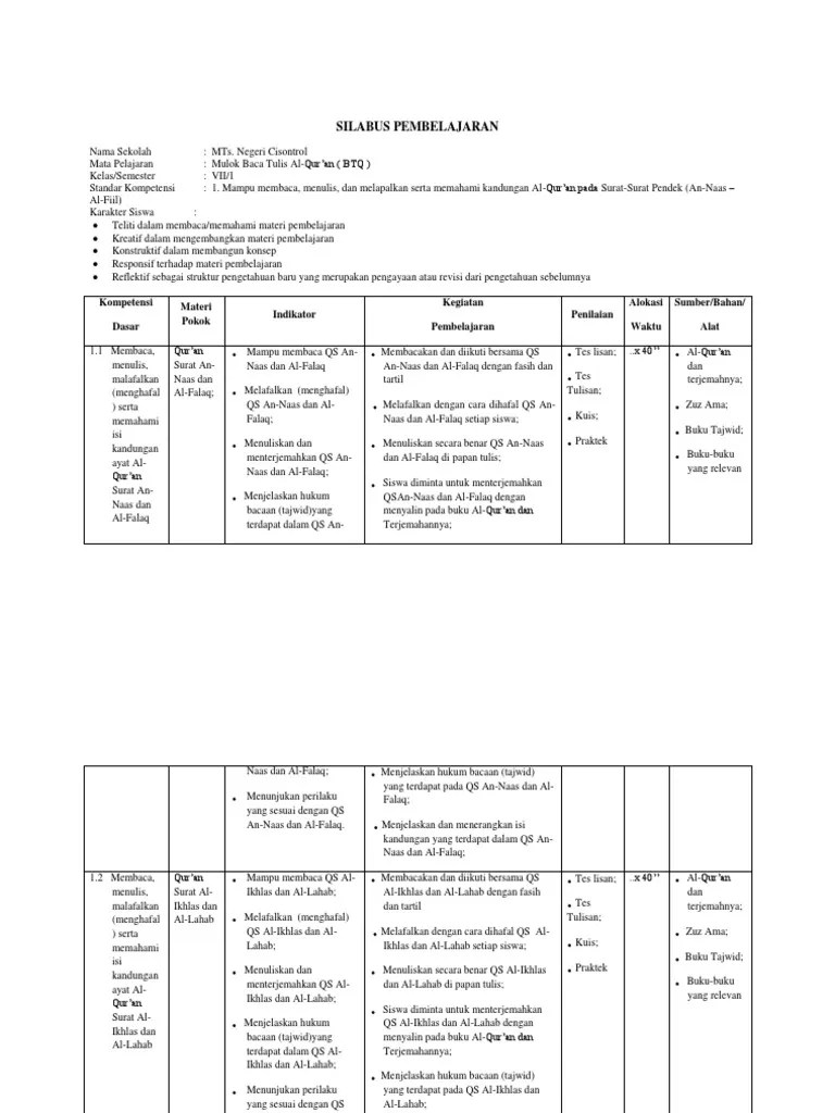 Silabus Pembelajaran BTQ Kelas Vii SMT I | PDF