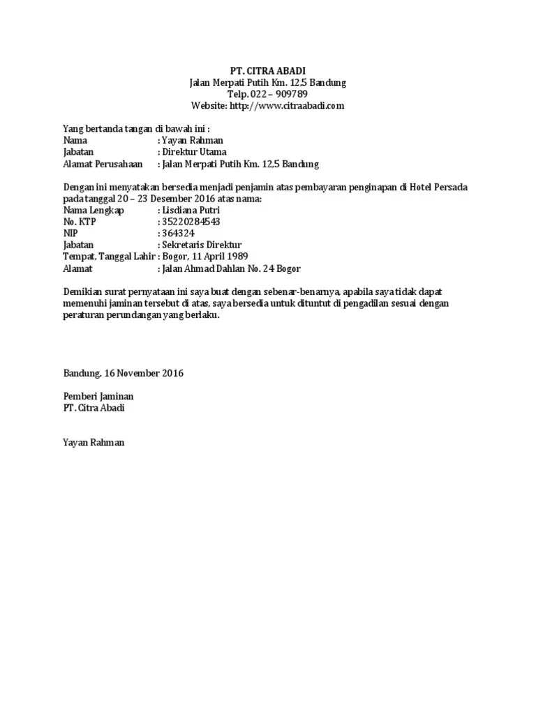 Contoh Surat Garansi Hotel - Contoh Surat