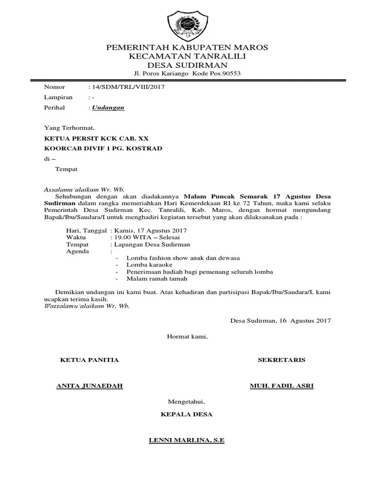 Surat Undangan Ramah Tamah Semarak 17 Agustus Desa Sudirman | PDF