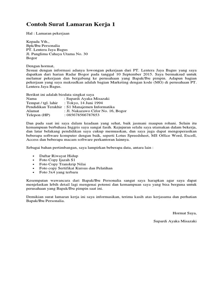 Contoh Surat Lamaran Pekerjaan Word
