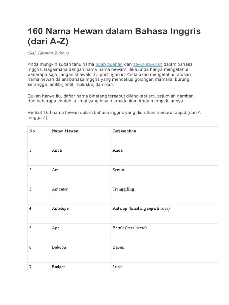 160 Nama Hewan Dalam Bahasa Inggris | PDF