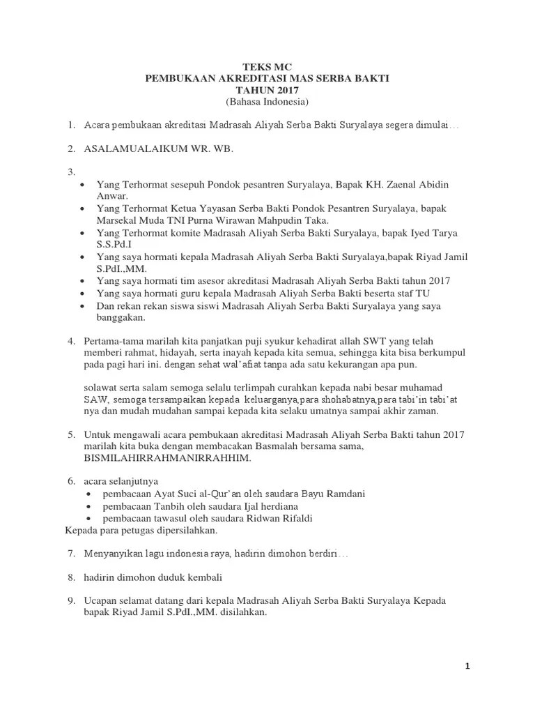 Teks MC Acara Pembukaan Akreditasi Madrasah Aliyah Serba Bakti TAHUN 2017 |  PDF