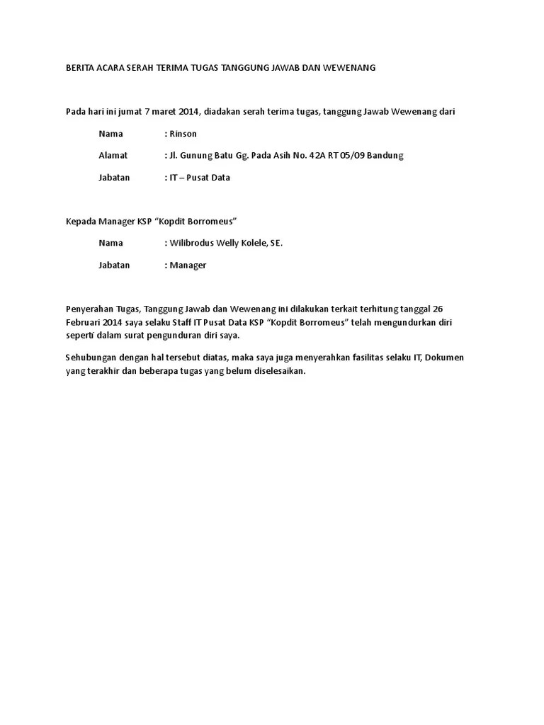 Berita Acara Serah Terima Tugas Tanggung Jawab Dan Wewenang | PDF