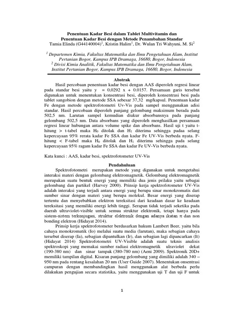 Penentuan Kadar Besi Dalam Tablet Multivitamin Dan | PDF