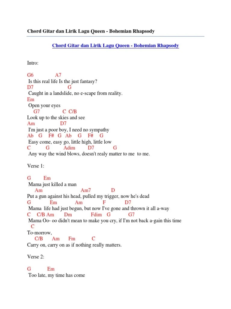 Chord Gitar Dan Lirik Lagu Queen - Bohemian Rhapsody | PDF | Song Structure  | Songs