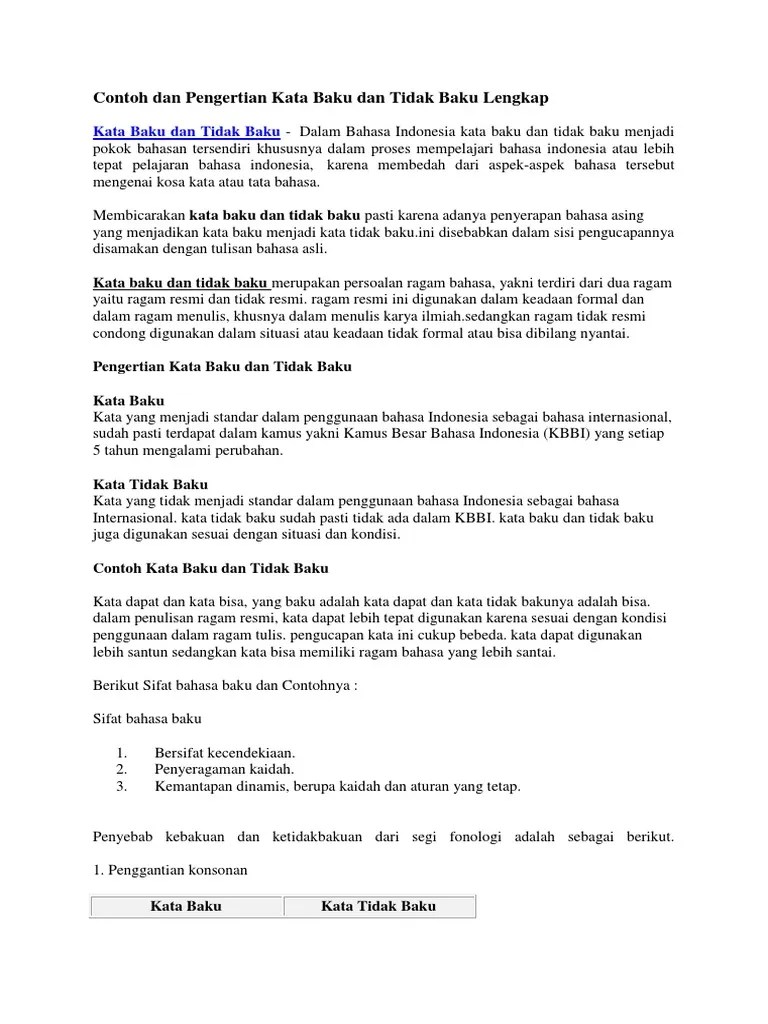 Contoh Dan Pengertian Kata Baku Dan Tidak Baku Lengkap | PDF