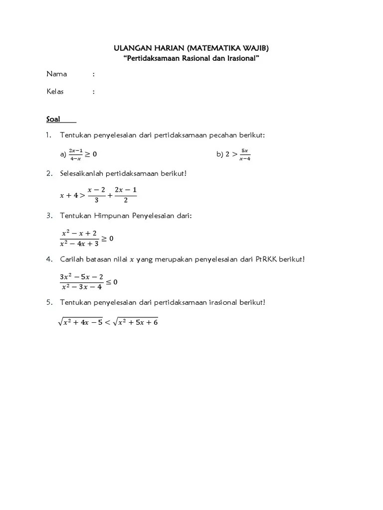 ULANGAN HARIAN WAJIB (Pertidaksamaan Rasional Dan Irasional) | PDF