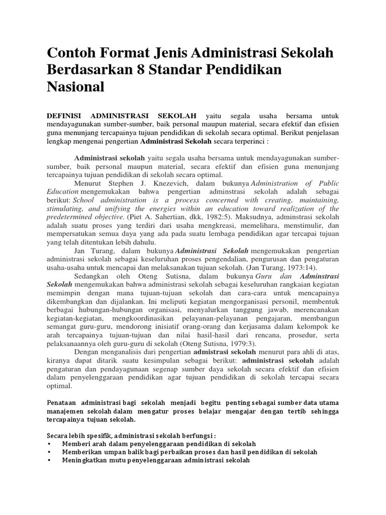 Contoh Format Jenis Administrasi Sekolah Berdasarkan 8 Standar Pendidikan  Nasional | PDF